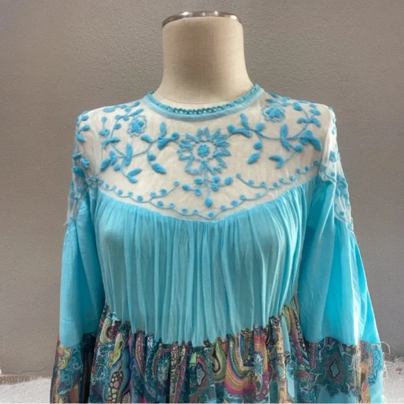 Upcycled Turquoise Boho Maxi Dress with Lacy Top & Paisley Ruffled Skirt, Size M - Picture 5 of 12